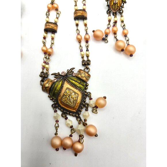 Vintage Enamel Brass Necklace & Earring Set  Rhinestone & Faux Pearl Dangles - Picture 5 of 8